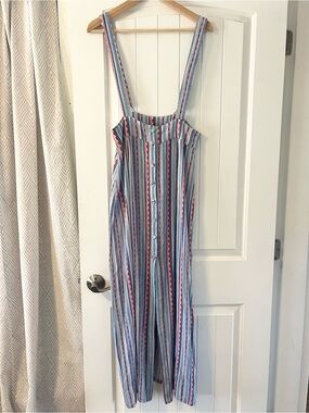 En Creme Striped Midi Skirt with Suspenders in Blue, Red, Cream Large